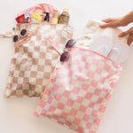 Tiny Twinkle Mess Proof Wet Bags | 2-Pack Reusable Waterproof Wet Bags for Swimsuits | Baby Clothes | Travel & Diaper Bag (Pink, Brown Checkers)