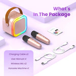rose gold mini karaoke machine with 2 wireless microphones and 6-10h battery life