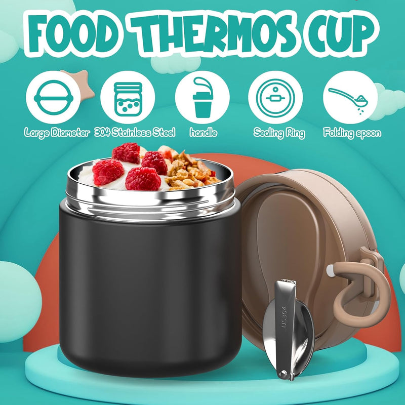Thermo for Hot Food Kids - 15.2oz, Leak Proof Insulated Food Jar, Soup Thermo, Insulated Lunch Containers, Termos Para Comida Caliente, Wide Mouth Lunch Box with Folding Spoon and Handle