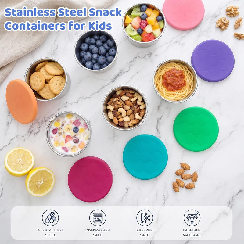 6Pack 8oz Stainless Steel Snack Containers for Kids, Reusable Small Metal Food Containers with Silicone Lids, Stackable Metal Toddler Lunch Box for Daycare, School and Outdoor (1CUP)