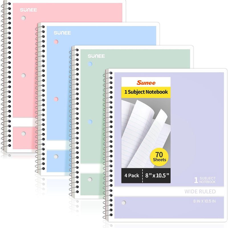 SUNEE Spiral Notebooks College Ruled, 1-Subject, 4 Pack, 8 x 10-1/2 in, 70 Sheets, 3-Hole Punched 70gsm Paper, Pastel Pink, Purple, Blue, Green for School, Home & Office, Writing Journal