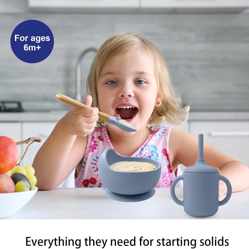 Silicone Baby Feeding Set 14 Pcs, Baby Led Weaning Set, 6M+, Blue Gray | Self-Feeding Utensils, Divided Plate, Suction Bowl, Bib, Cup, Finger Brush, Training Spoons, Microwave and Dishwasher Safe