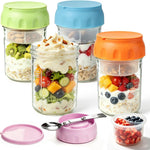Overnight Oats Containers with Lids and Spoons - 4 Pack 16 oz Glass Mason Jars with Separate Compartments Airtight Overnight Oat Jars Leakproof Yogurt Parfait Cup for Oatmeal Chia Pudding Cereal Salad