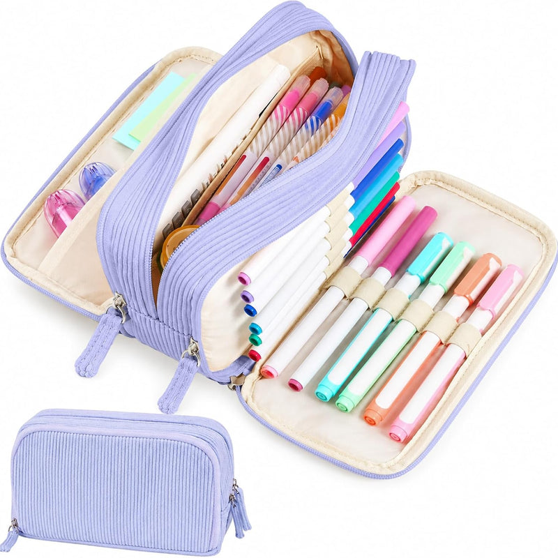 Sooez Big Capacity Pencil Case Pen Pouch, Soft Corduroy Pencil Bag with 3 Compartment, Multiple Pockets, Sturdy Zipper, Cute School Supplies Pen Bag Organizer For Teen Girls College, Beige