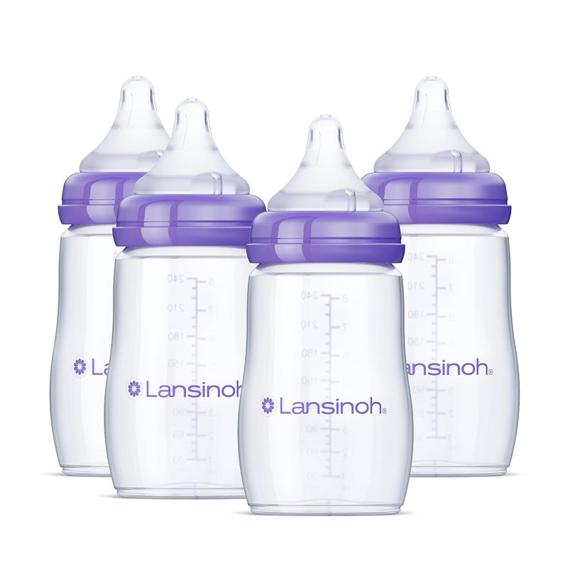 Lansinoh Anti-Colic Baby Bottles, BPA-Free Plastic, 5 Ounces, 4 Count, Extra Slow Flow Nipples (Size XS), Breastfeeding Bottle with NaturalWave Design