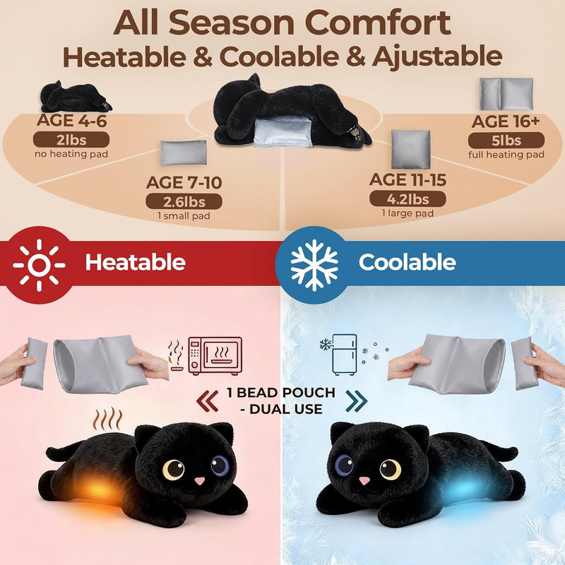 Mewaii Weighted Stuffed Animals 5 lbs Adjustable, Heated & Coolable 23 Inch Plush for Realistic Hug, Microwavable Removable Inner Pad, Cat Gifts for Adults & Kids (Black)
