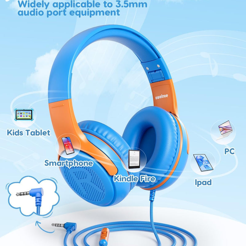 awatrue kids headphones wired toddler headphones with microphone over-ear design 85/94db volume-limiting