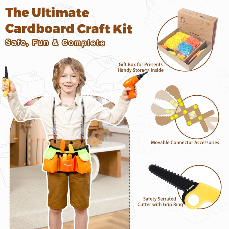 Cardboard Construction Kit - 401 PCS Kids Building Set with Safe Serrated Cutter, Crease Roller, Screws & Nuts, STEM Upcycled Tool for DIY Cardboard Projects, Engineering & Creativity