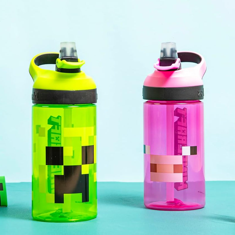 Zak Designs Minecraft Kids Water Bottle with Straw and Built in Carrying Loop Set, Made of Plastic, Leak-Proof Water Bottle Designs (Creeper/Pig, 16 oz, 2pc Set)