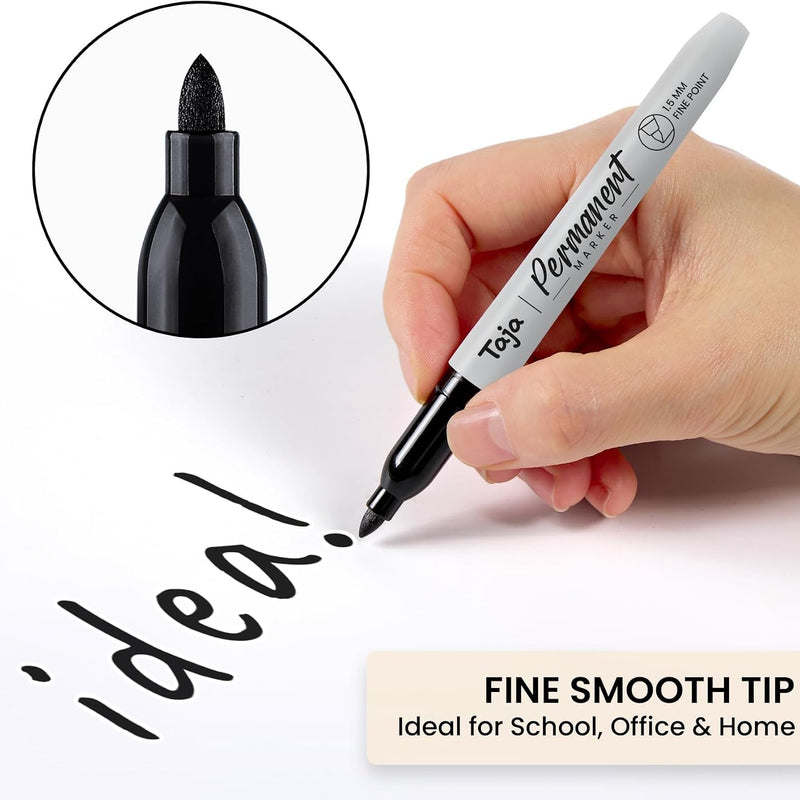 Taja (100 Counts) Permanent Markers, Fine Tip, Black, Quick-Drying and Fade-Resistant Bulk Marker Set for Writing and Sketching on Wood, Plastic, Metal, Glass, Perfect for School and Office Supplies