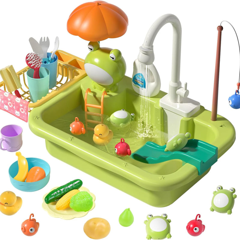 CUTE STONE Play Sink with Running Water, Kitchen Sink Toys with Upgraded Electric Faucet, Play Kitchen Toy Accessories, Pool Floating Fishing Toys for Water Play, Kids Role Play Dishwasher Toy