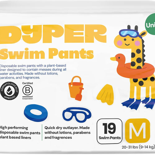DYPER Baby Swim Diapers Size Medium (20-31 lbs), 19 Count | Disposable Swim Pants | Plant-Based, Hypoallergenic & Fragrance Free | Won't Swell in Water | for Pool, Beach, Swim Lessons & Water Play