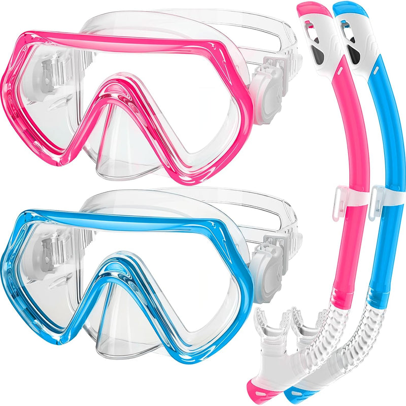 2 Sets Kids Snorkeling Gear for Ages 3-14, Anti-Fog 180° Clear View Dry Top Snorkel Set, Swimming Mask with Nose Cover & Tempered Glass Goggles for Youth Boys Girls Junior