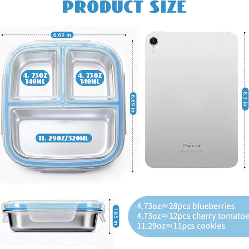 Stainless Steel Snack Containers, 3 Compartments Reusable on and go Bento Box with Lids for Kids, Lunch Box Pre Meal Storage for Daycare School Outdoor Camping Travel - Blue