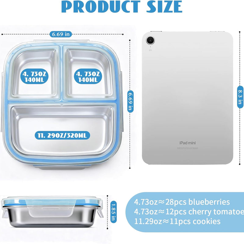 Stainless Steel Snack Containers, 3 Compartments Reusable on and go Bento Box with Lids for Kids, Lunch Box Pre Meal Storage for Daycare School Outdoor Camping Travel - Blue