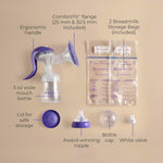 Lansinoh Manual Breast Pump, Breast Feeding Hand Pump with Comfortable Flange, Includes 5oz Baby Bottle with Slow Flow Nipple, Breastfeeding Essentials