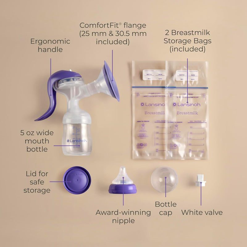 Lansinoh Manual Breast Pump, Breast Feeding Hand Pump with Comfortable Flange, Includes 5oz Baby Bottle with Slow Flow Nipple, Breastfeeding Essentials