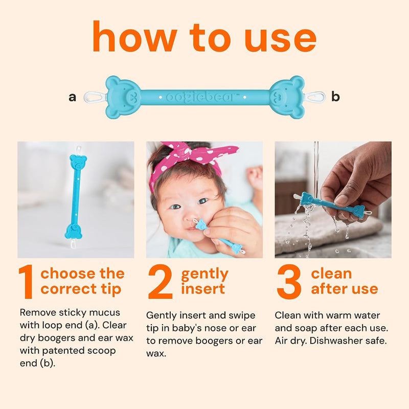 oogiebear Baby Nose & Ear Picker, Safe Booger Remover Tool, 1 Piece, Blue | Safe Dual-Ended Nose Cleaner & Ear Wax Remover for Newborns, Infants & Toddlers, BPA-Free, Patented, Baby Registy Essential