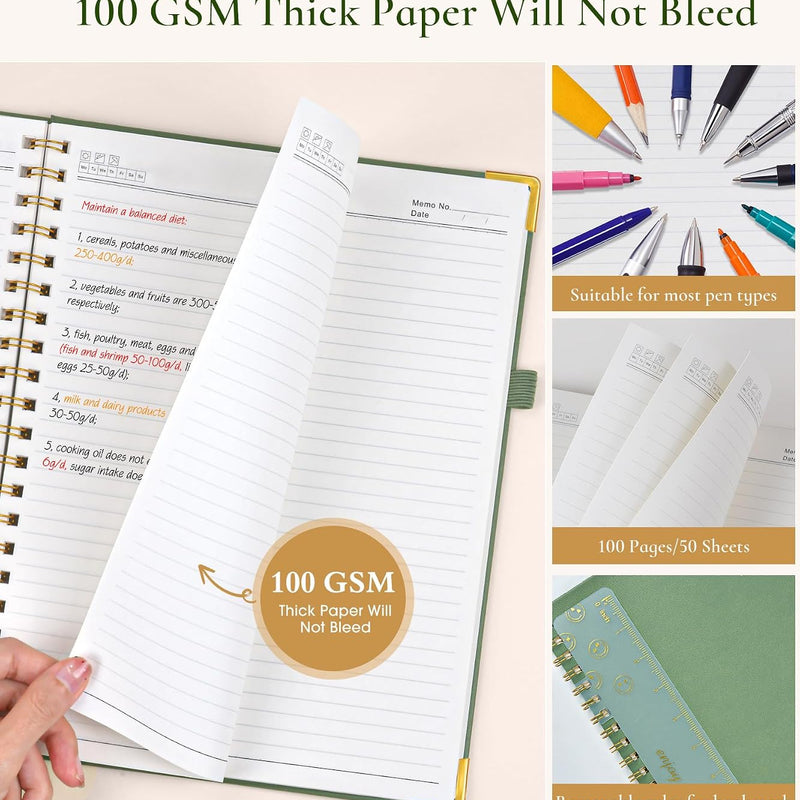 Hardcover Spiral Notebook Journal 8.5” x 11”, A4 Large Leather Notebooks for Women Men, Lined College Ruled Notebook, 50 Sheets/100 Pages, Spiral Bound Journals for Work School Note Taking, Green