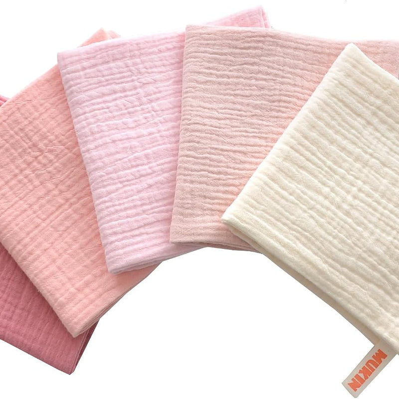 Baby Washcloths,Muslin Burp Cloths Towels for Newborns,Absorbent Cotton Bath Face Towel ，5 Pack, 12x12 Inches (Rosy Embrace)