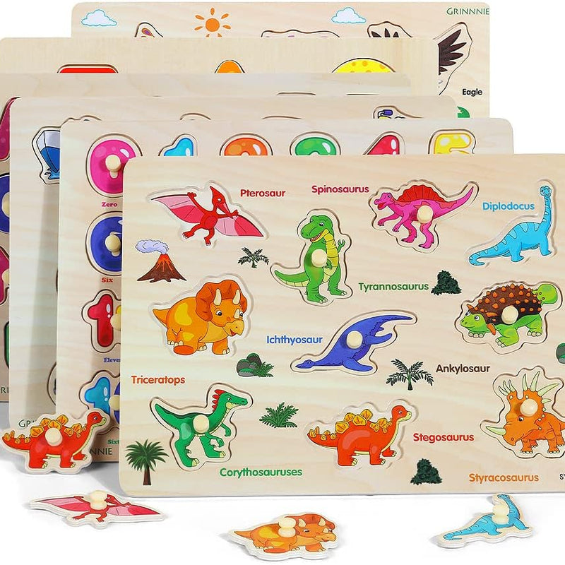 6-pack Wooden Peg Puzzles for Toddlers, Alphabet Number Shape Animal Dinosaur Vehicle Preschool Learning Toys