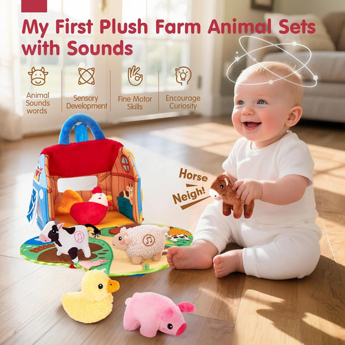 hahaland 6-12 month baby surprise barn with farm animals and real sounds - montessori toys for infants