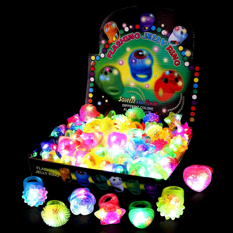 38-pack light up rings for kids with 6 shapes and bright colors, perfect for Halloween party favors