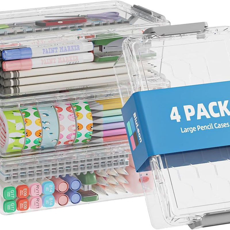 BiuLeon 4 Pack Extra Large Pencil Box, Plastic Pencil Case Organizer, Clear Crayon Box Marker Organizer, Stackable Craft Organizers and Storage for Pen, Craft, Art Supply(Grey)