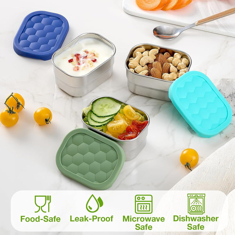Gencywe® 3 Pack Stainless Steel Snack Containers for Kids, 8 oz Easy Open Leak Proof Small Toddler Snack Containers with Silicone Lids, Stackable Metal Lunch Box for Daycare and School (Blue)