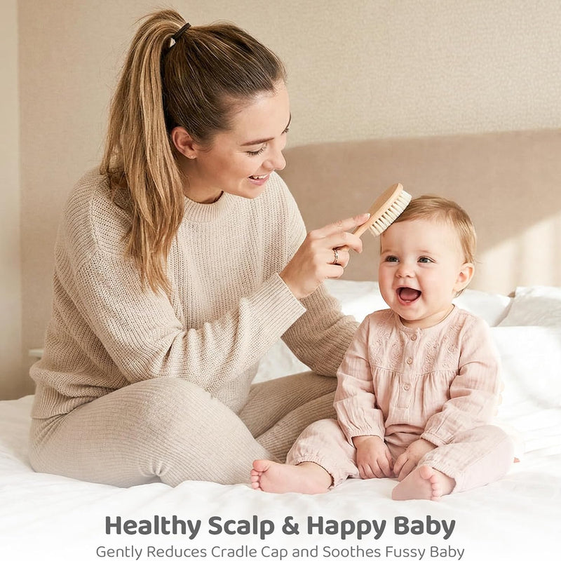 5 Piece Baby Hair Brush Set, Wooden Baby Brush and Comb Set with Natural Soft Goat Hair Bristles, Cradle Cap Brush, Baby Essentials Grooming Kit for Boy Girl