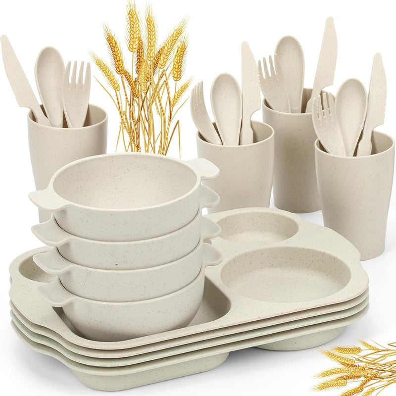 24 PCS Wheat Straw Dinnerware Set for Kids Toddler Plate Bowl Cup Sets Unbreakable BPA-Free Tableware Set with Divided Plate Microwave Dishwasher Safe Perfect for Home School Picnics