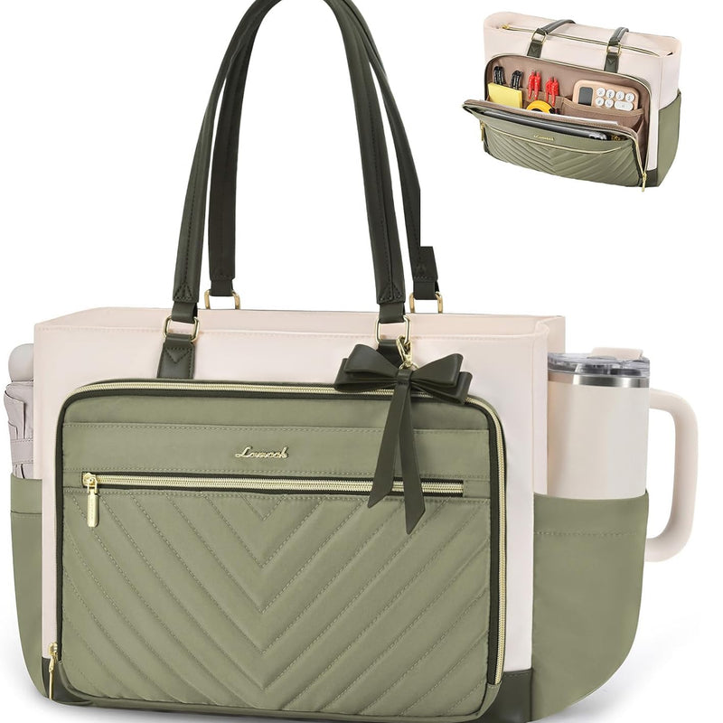 LOVEVOOK Teacher Tote Bag for Women, Work Laptop Bag Gift with Large Cup Holder, Quilted Nurse Bag Diaper Tote with Multi-Pockets, Large Computer Handbag Purse for Bussiness Travel, Office, College