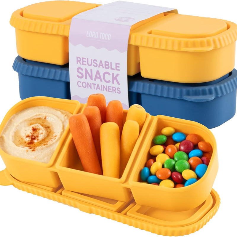 3 Pack Silicone Reusable Snack Containers with Lids - 8 oz Double Compartment Snackle Box for Kids & Adults, BPA-Free & Leakproof, Small for Dressing, Snacks, School, Office, Picnic