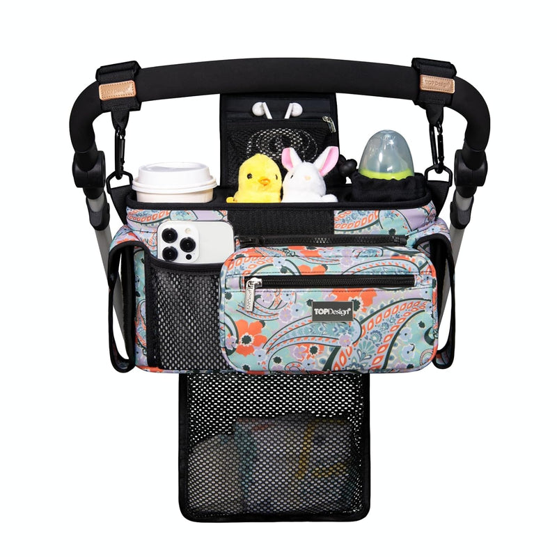 TOPDesign Universal Baby Stroller Organizer, Stroller Caddy with Detachable Mesh Bag & Heightened Insulated Cup Holders & Non-Slip Secure Hooks Accessories, Fits Most Strollers (Checkerboard)
