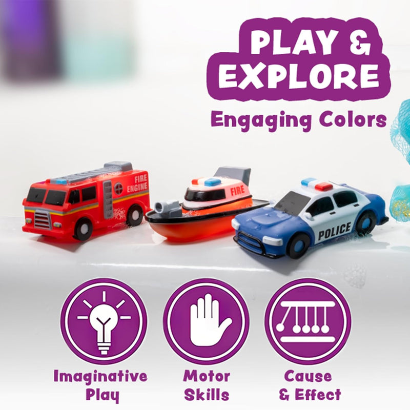 Tub Works Emergency Cars Light Up Bath Toys, 6 Pack, Water-Activated Lights, Soft and Squeezable