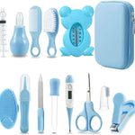 PandaEar Baby Healthcare & Grooming Kit - Baby Safety Set Comb, Brush, Finger Toothbrush, Nail Clippers, Scissors, Nasal Aspirator - Nursery Care Kit (Blue)