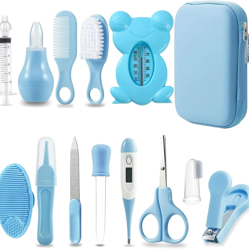 PandaEar Baby Healthcare & Grooming Kit - Baby Safety Set Comb, Brush, Finger Toothbrush, Nail Clippers, Scissors, Nasal Aspirator - Nursery Care Kit (Blue)