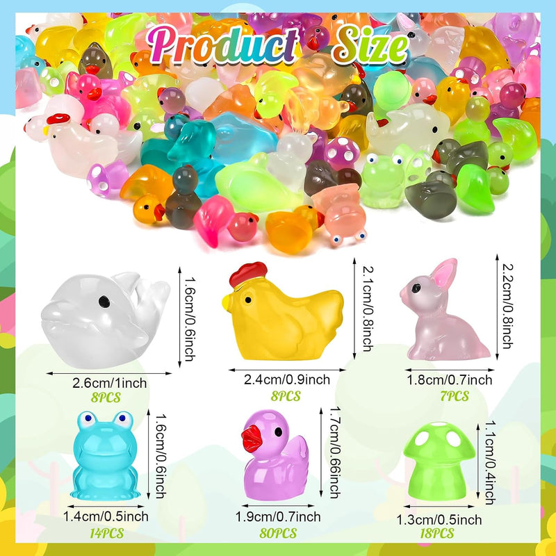 135 PCS Luminous Mini Resin Ducks Tiny Glow in The Dark Duck/ Chickens/ Rabbit/ Frogs /Dolphin /Mushroom/ 6 Combination Sets Resin Miniature Animals for Micro Landscape Dollhouse Garden Decoration