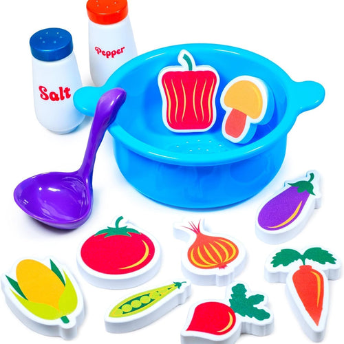 Tub Works® Tub Soup™ Scoop, Strain & Play Toddler Bath Toy | Floating Foam Veggies & Ladle