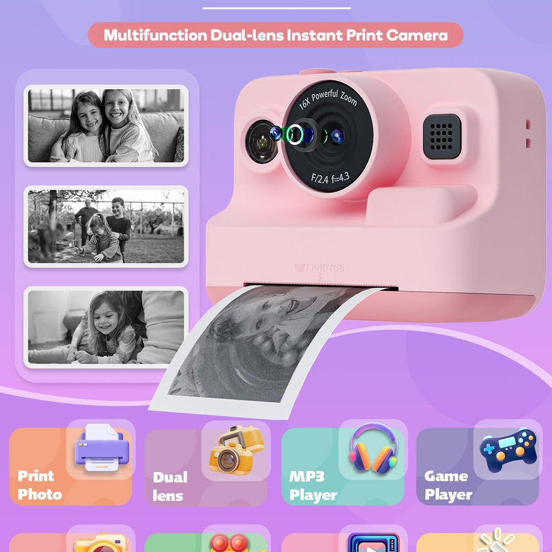 Dylanto Kids Camera Instant Print, 1080P Kids Instant Cameras, Christmas Birthday Gifts for Girls Age 3-12