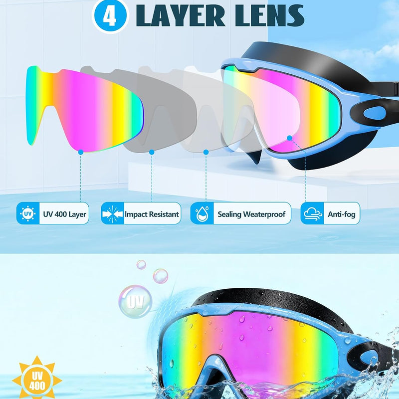 Aegend New Kids 2 Pack Wide View Swim Goggles, Anti-Fog/UV No Leak Goggles with Ear Plugs Kids 3-14