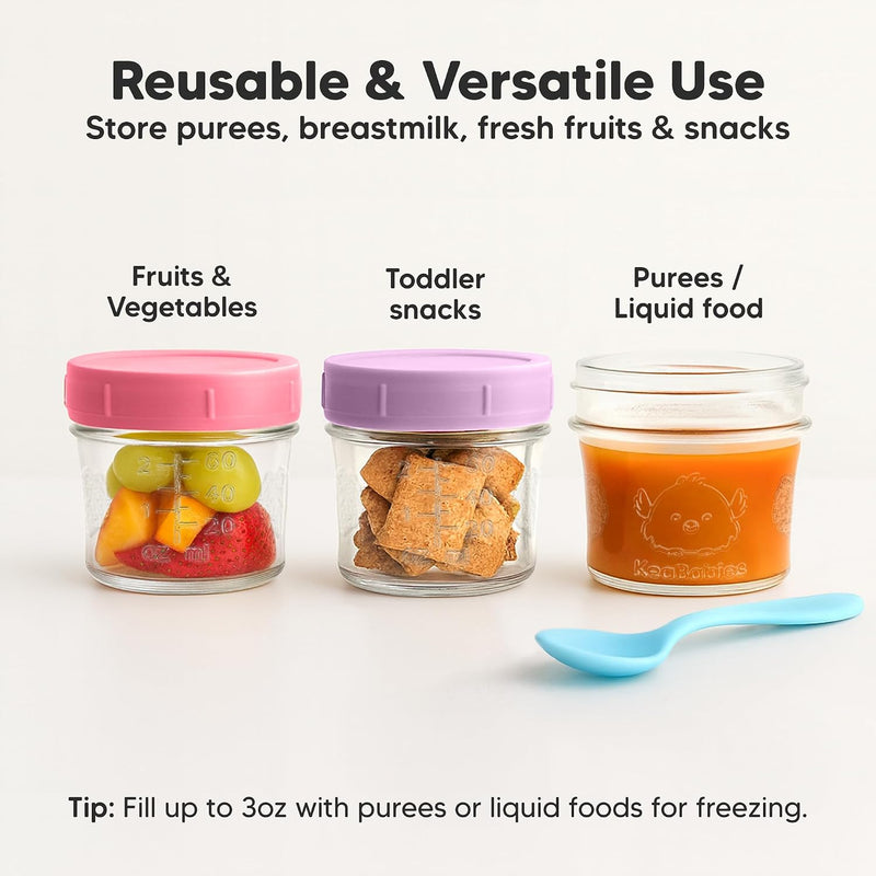 KeaBabies 12pk 4oz Glass Baby Food Containers with Lids, Leak-Proof (Nord) | Microwavable Small Glass Jars, Baby Purees, Toddler Snack Storage Containers, BPA-Free, Dishwasher-safe, Freezer Safe