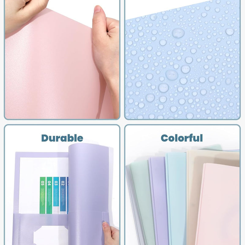 SUNEE 3-Prong Plastic Folders with Pockets (6 Pack, Pastel Colors) 2 Pocket Folders with Fasteners, Tear-Resistant Plastic Pockets, and Fit Letter Size Paper, Use for School Office Home Business