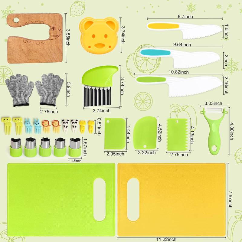28PCS Toddler Knife Set - Kids Knifes for Real Cooking, Montessori Kids Kitchen Knife Set with Cutting Board Crinkle Cutters Kid Safe Knives, Toddlers Kitchen Tools for Age 2-10 Year Old Girl Boy