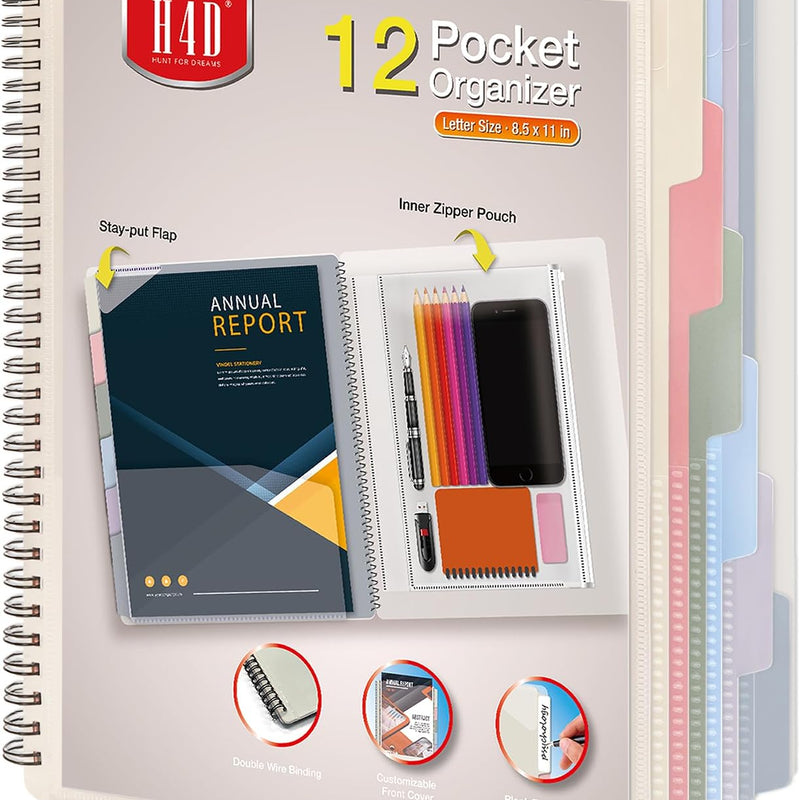 H4D 12 Pocket Poly Project Organizer, Spiral Multi Pocket Folder Organizer, Multi-Subject Folder Notebook, Letter Size