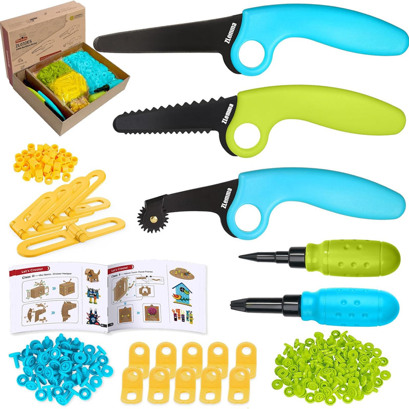 Cardboard Construction Kit - 401 PCS Kids Building Set with Safe Serrated Cutter, Crease Roller, Screws & Nuts, STEM Upcycled Tool for DIY Cardboard Projects, Engineering & Creativity