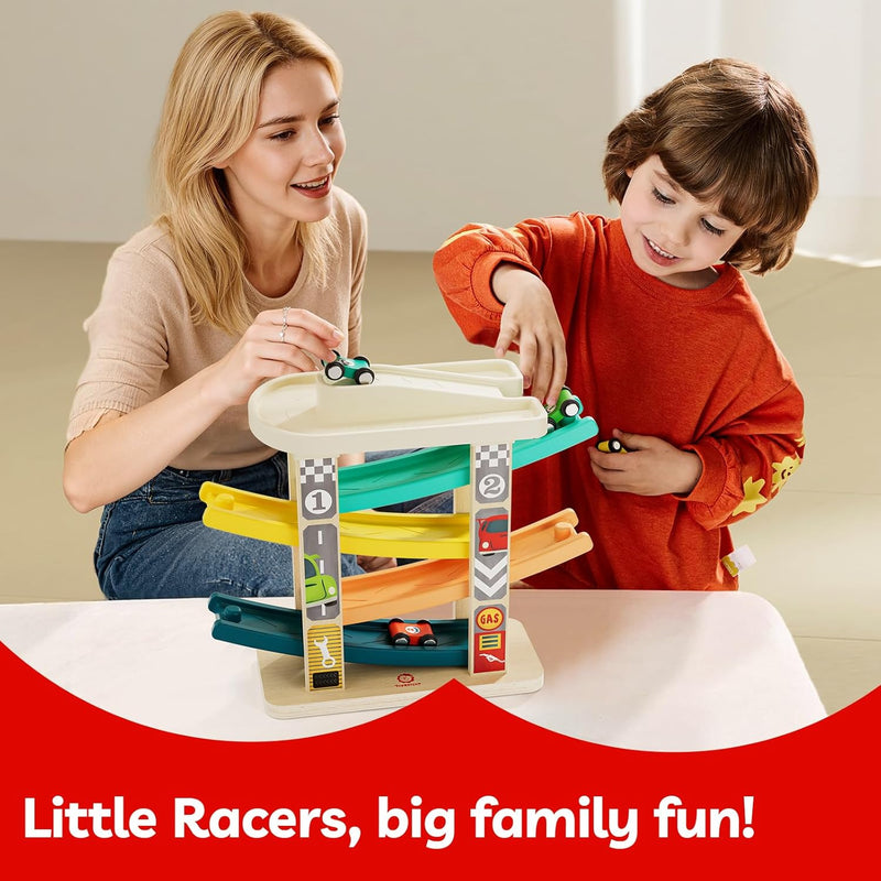 TOP Bright Toddler Wooden Race Track Car Ramp Toys with 4 Mini Cars and 1 Car Garage