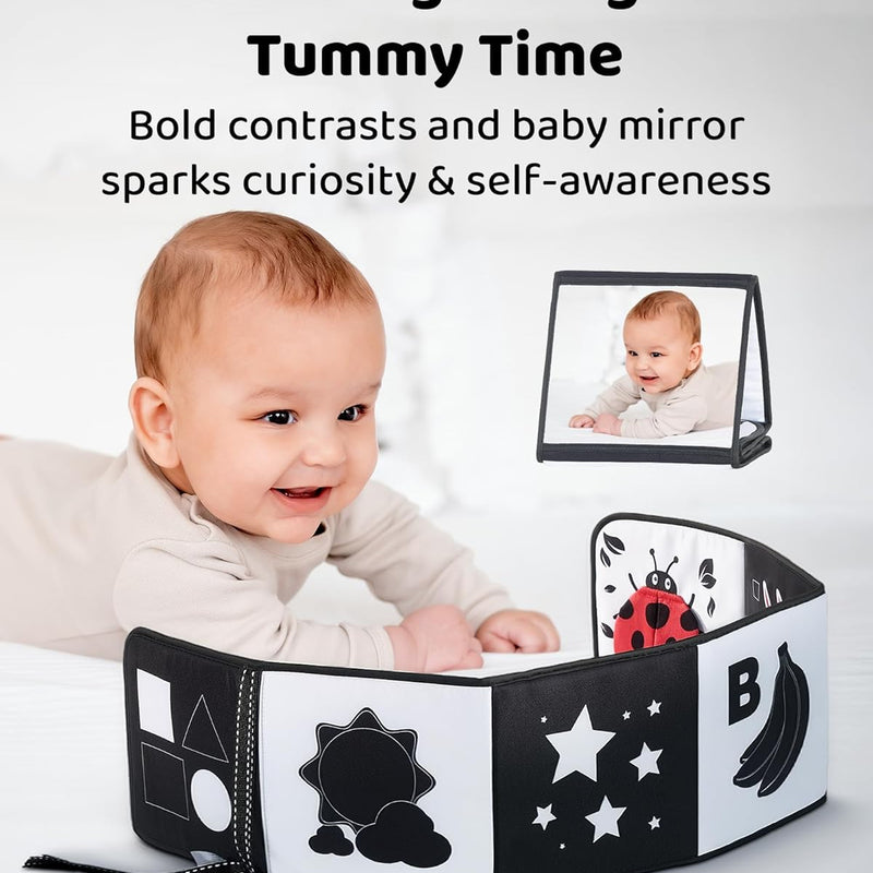 High Contrast Baby Book, Black and White, Tummy Time Mirror Toy | Newborn visual stimulation 0-6 months, Montessori sensory play, soft crinkle pages, folds flat, ties to crib and stroller