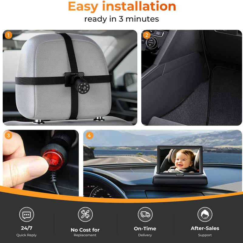 Itomoro Baby Car Camera, Easy Install, 1080p Clear View, Reliable Design | Night Vision with Rear-Facing Car Baby Monitor Built-in screen design 360° adjustable view car camera for baby