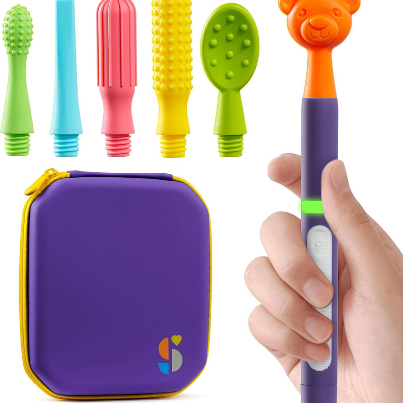 Special Supplies Buzz Buddy Oral Motor Stimulation Kit with 6 Soft Textured Interchangeable Heads, Calm Sensory Needs, Support Speech, and Stimulate Self Feeding, Gentle Vibrations (Purple)
